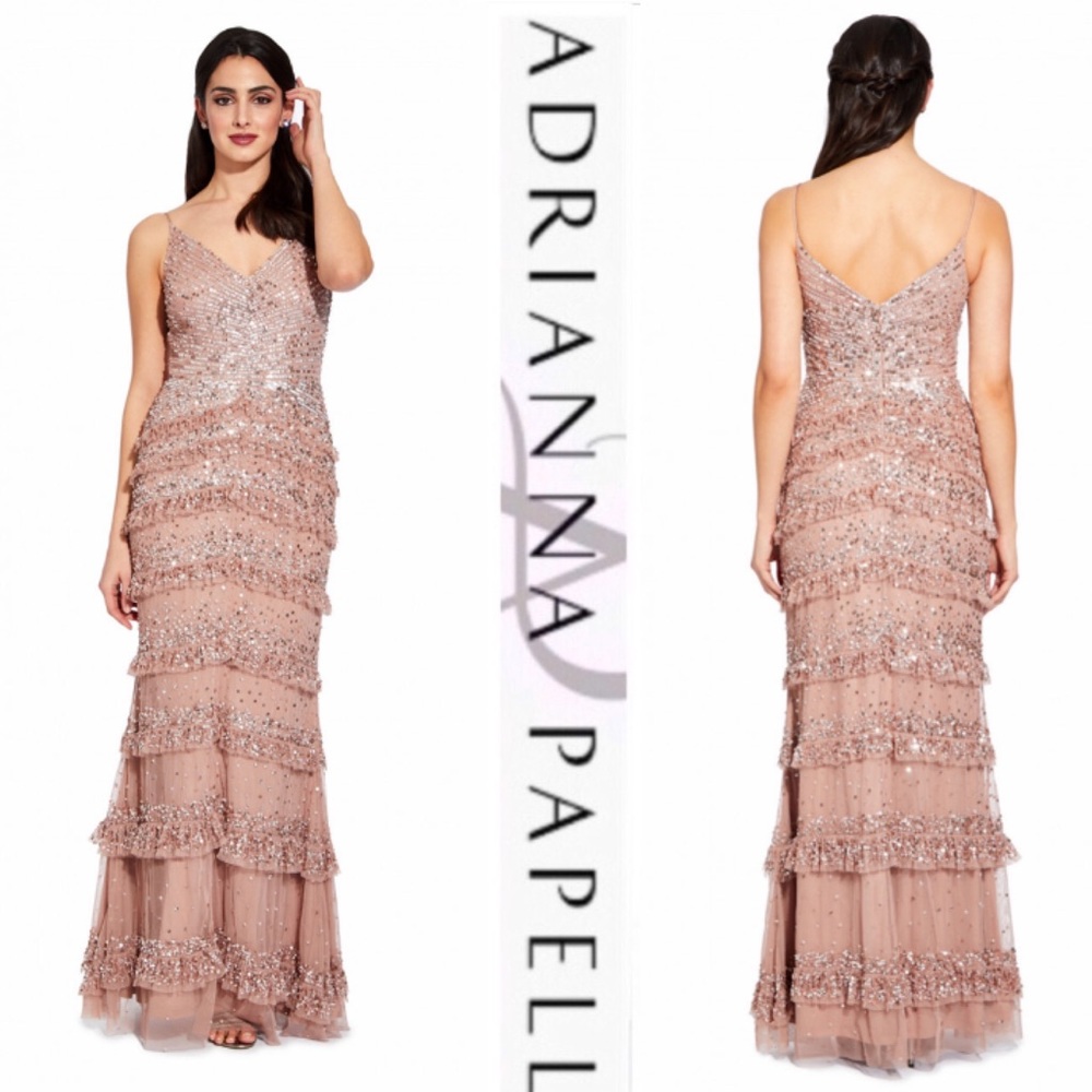 Adrianna Papell beaded V-Neck layered formal gown
